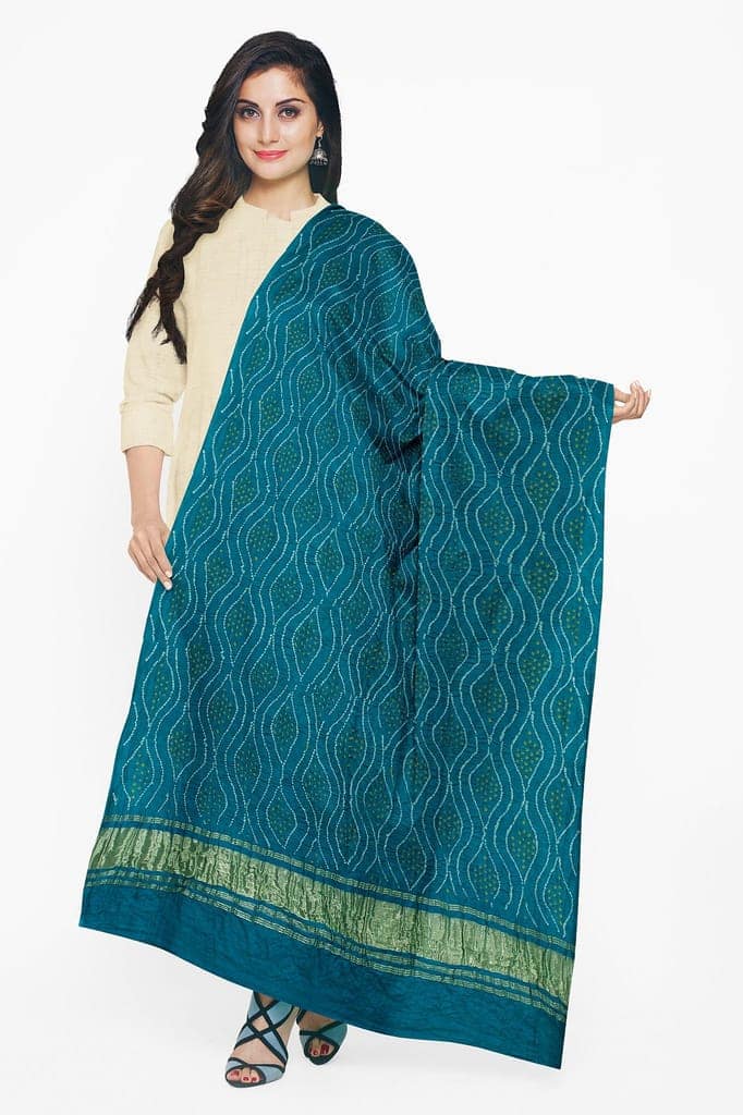 Garvi Gurjari (A Gujarat Govt Enterprise) Teal Handwoven Gaji Silk Bandhani Dupatta(GGCGBD23) view 5