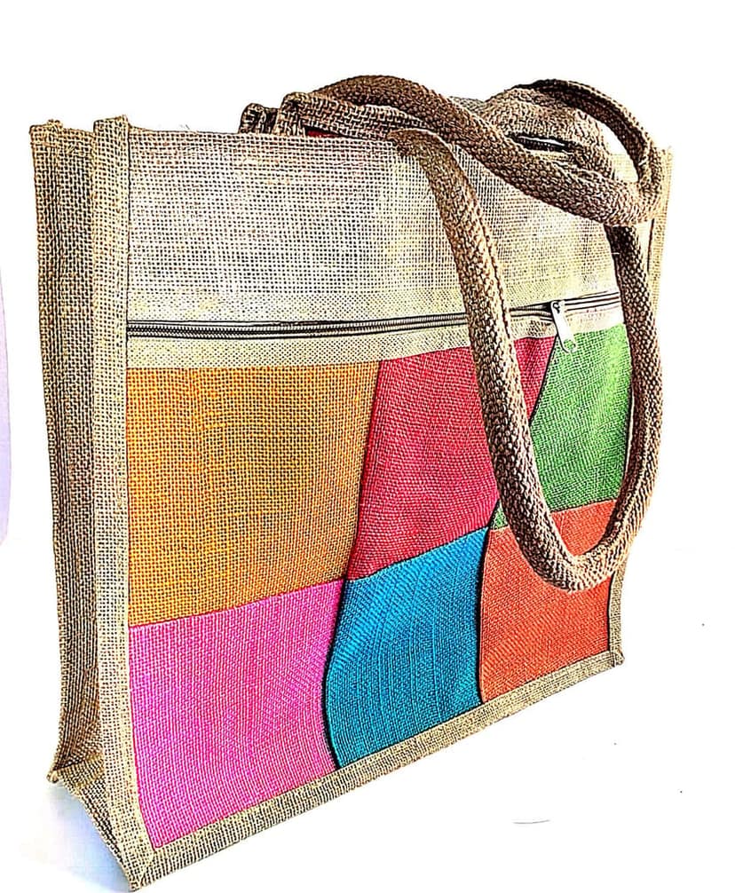 Jute tote bag with zipper closure and colorful patchwork design view 3
