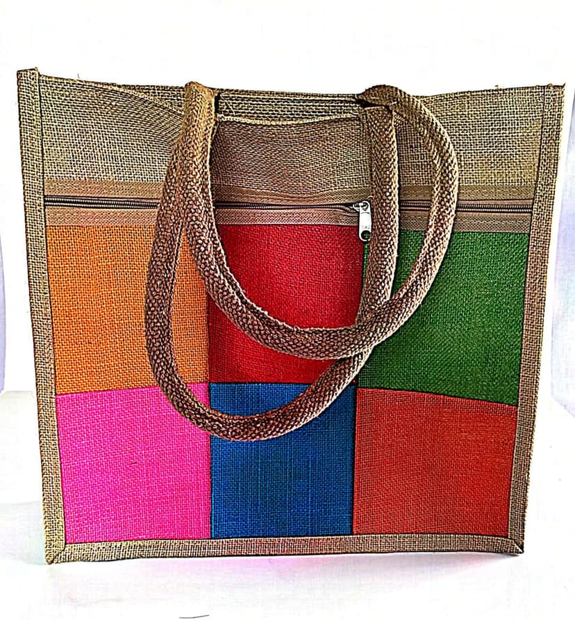 Jute tote bag with zipper closure and colorful patchwork design view 4