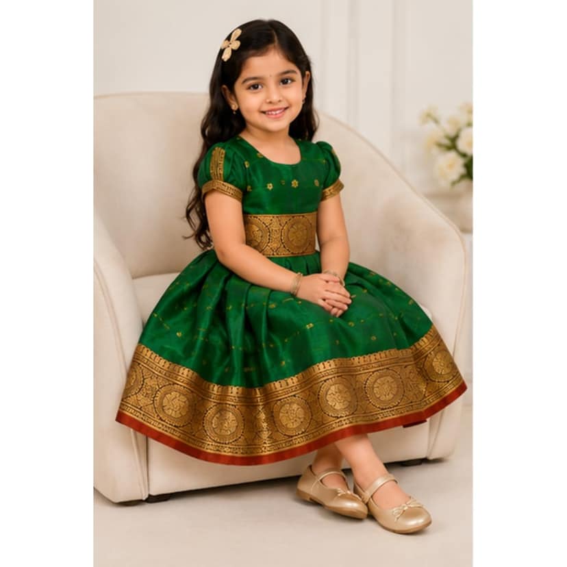 Mom and Me Baby Girl Satin Frock for Parties, Birthdays & Weddings | Elegant Toddler Dress with Balloon Sleeves & Zipper Closure | Age 0-2 Years (in, Age, 6 Months, 12 Months, Green) view 2