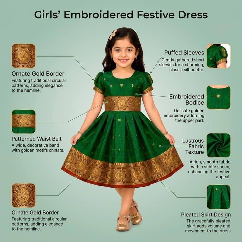 Mom and Me Baby Girl Satin Frock for Parties, Birthdays & Weddings | Elegant Toddler Dress with Balloon Sleeves & Zipper Closure | Age 0-2 Years (in, Age, 6 Months, 12 Months, Green) view 4