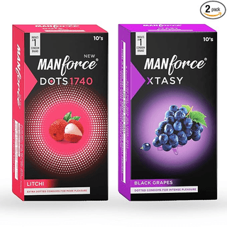 MANFORCE 3 in 1 (Ribbed Contour Dotted) Wild Black Grapes Flavoured Condoms- 10 Pieces & Extra Dotted Litchi Flavoured Condoms - 10 Pieces Condom (Set of 2 20 Sheets)