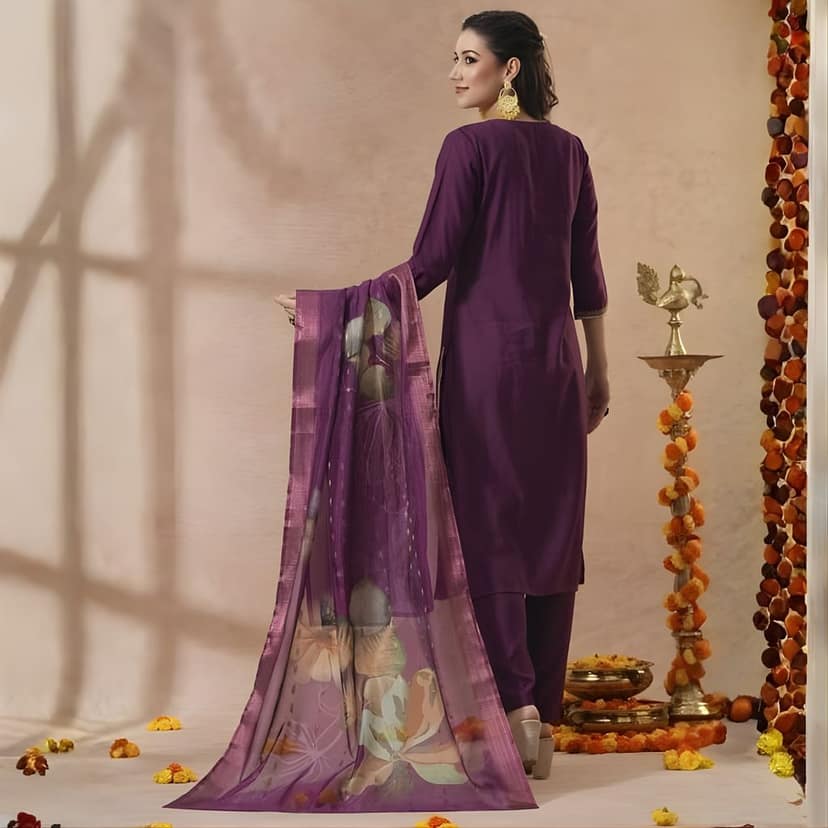FreHee Women's Wine Magic Cotton Embroidered Kurta Pant Set with Digital Printed Chanderi Dupatta view 3