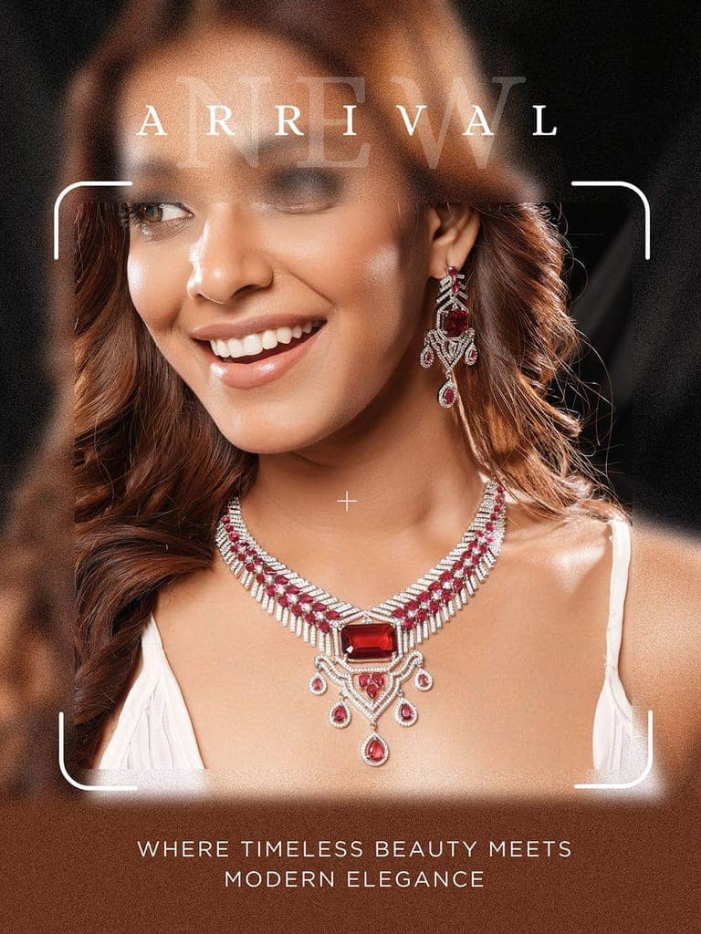 Silver Plated Ruby Red AD Studded Statement Royal Necklace Jewellery Set view 4