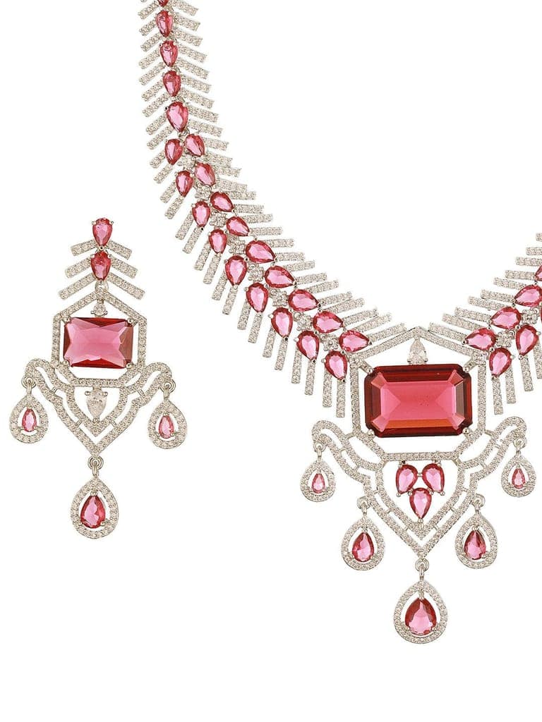 Silver Plated Ruby Red AD Studded Statement Royal Necklace Jewellery Set view 7