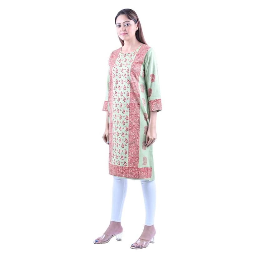 falah Handicrafts Society Women's Cotton Fabric Moonga Zari Hand Made Kurti (FHS/KU/23/03) Light Green view 3