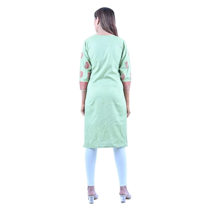 falah Handicrafts Society Women's Cotton Fabric Moonga Zari Hand Made Kurti (FHS/KU/23/03) Light Green view 4