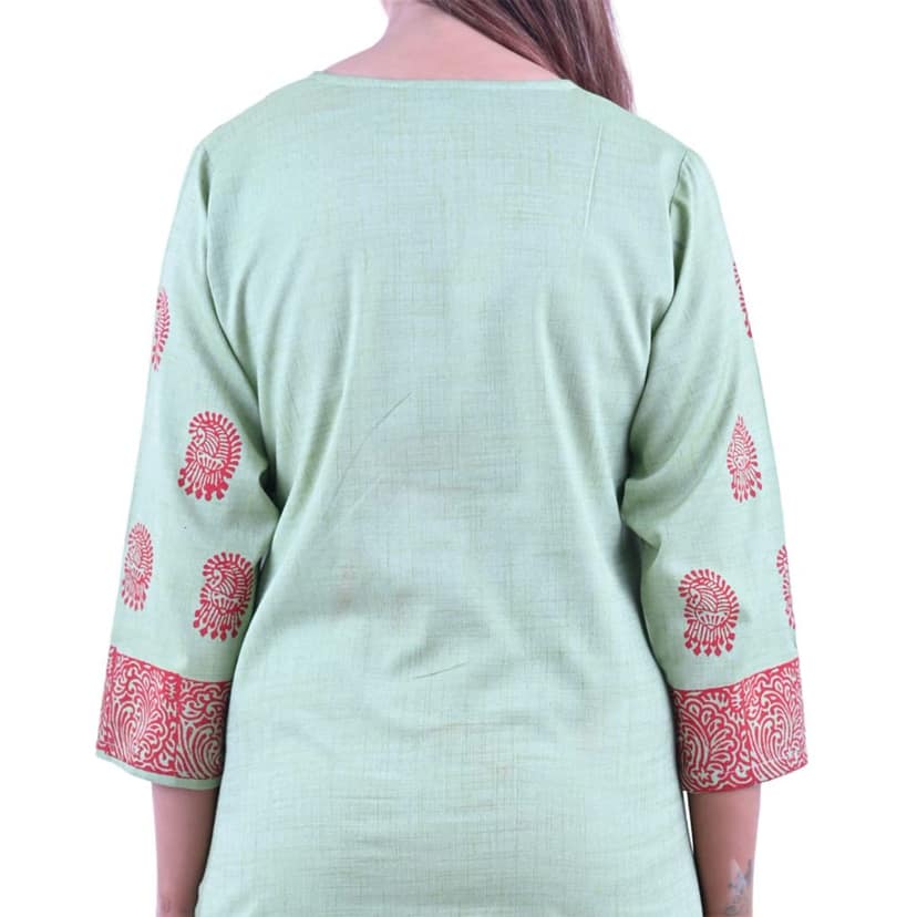 falah Handicrafts Society Women's Cotton Fabric Moonga Zari Hand Made Kurti (FHS/KU/23/03) Light Green view 5