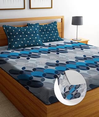 SHOMES Cotton Floral Fitted 1 Bedsheet with 2 Pillow Covers ( Double Bed ) - Blue