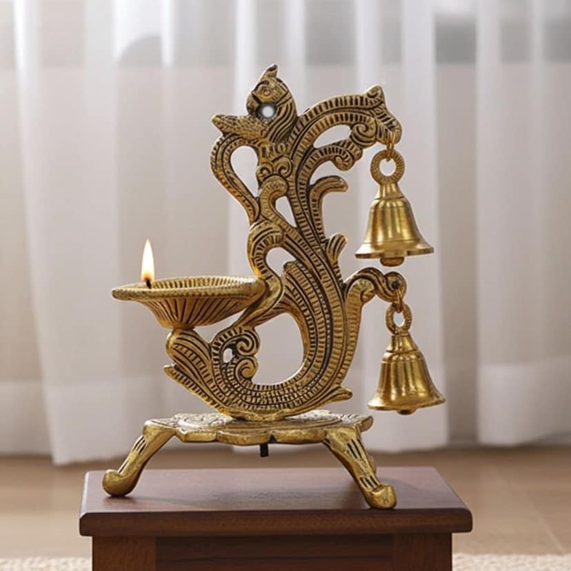 Aluminium Ganga Aarti Diya ? 1 Wick Ritual Oil Lamp, Height : 7 Inch (ASMAS518 G) view 2