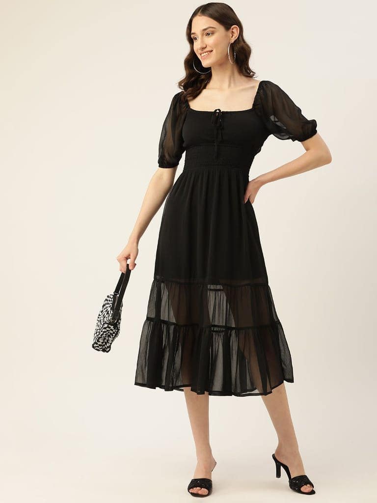 Rue Collection Tie-Up Neck Chiffon A-Line Midi Dress view 4