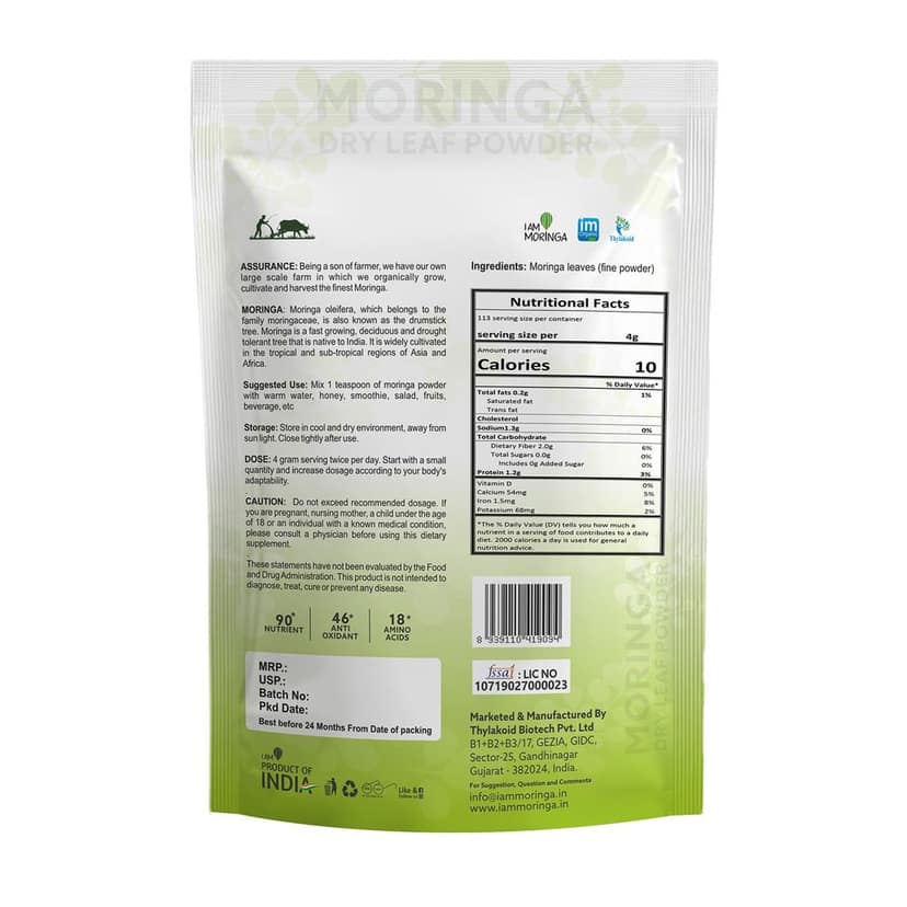 I AM MORINGA | Moringa Dry Leaf Powder, 90+ Nutrients, 46+ Anti-Oxidants, 18 Amino Acids-227gm view 2