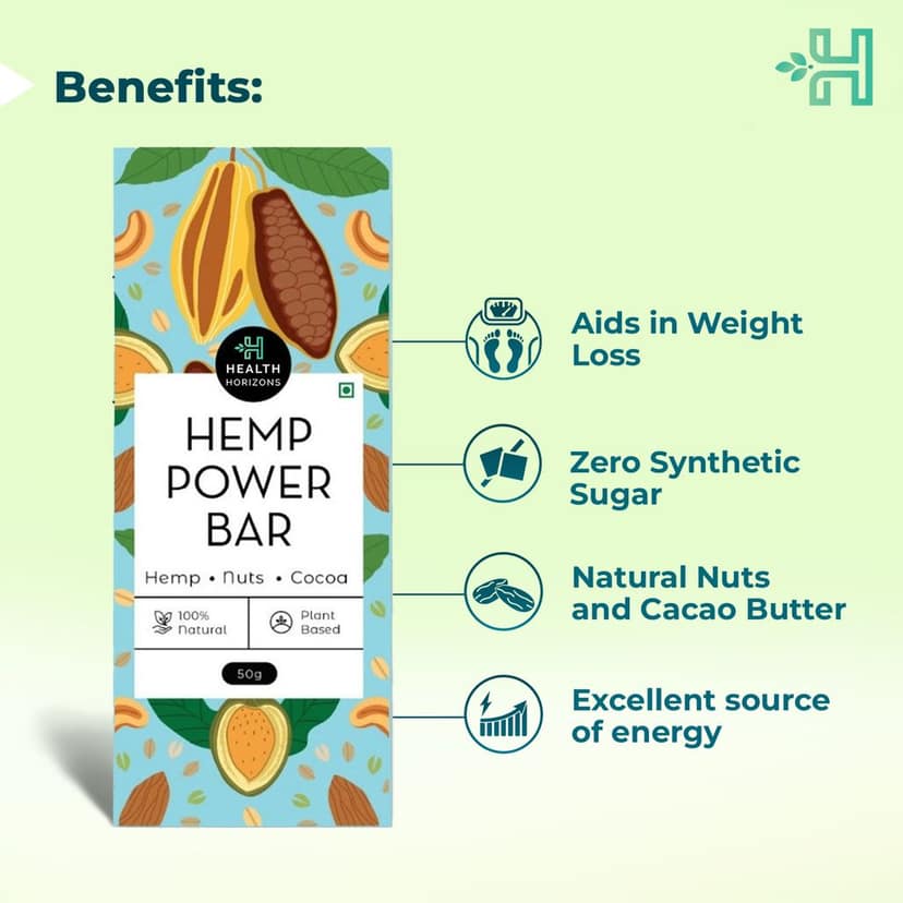 Health Horizons Protein Bar | 20g Protein and 3g fibre per bar | Hemp Protein with Dates, Cashews, Almonds, Cacao Powder and Cacao Butter | Gluten-free, Vegan For Energy and Fitness - 50 g view 2