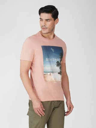 Men’s Graphic Print Round Neck Cotton T-Shirt-Pink