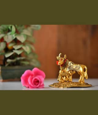 Fashion Bizz Kamdhenu Cow Statue With Calf For Home Decor Decorative Showpiece - 12 cm
