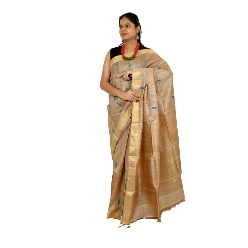 Tribes India Beige Tassar Silk Saree with Blue Motifs view 2