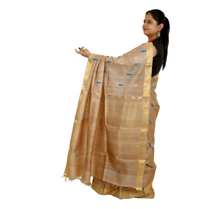 Tribes India Beige Tassar Silk Saree with Blue Motifs view 3