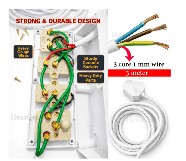 Heavy Duty 2 Way Extension Board with 10ft Cable | Individual Switches & LED Indicators | 3-Pin Power Strip for Home & Kitchen Appliances | White 2-Socket Switchboard view 3