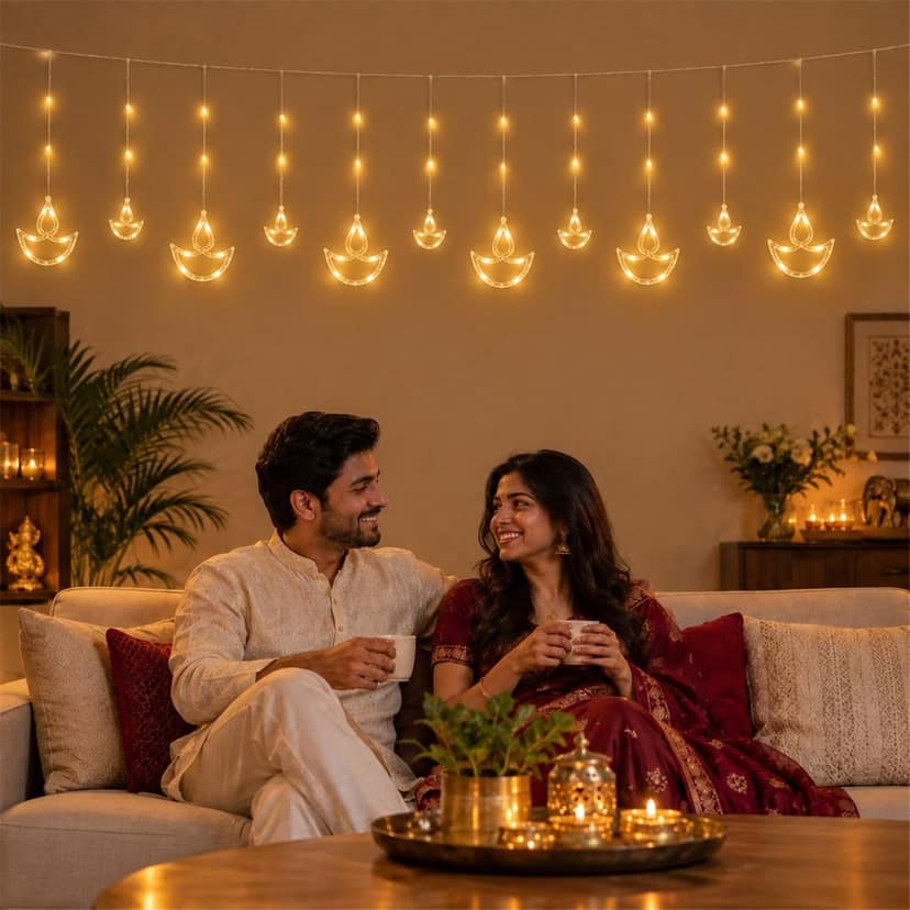 Warm White LED Diya Curtain Light Series for Diwali Decor (12 Hanging Diyas) view 2