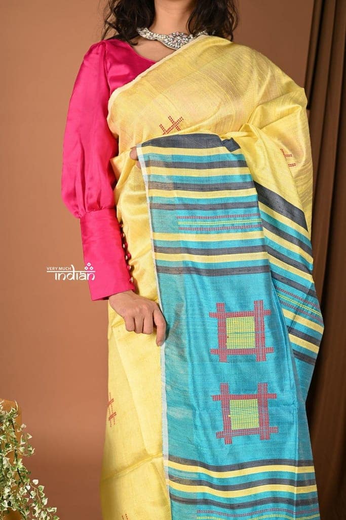 Handloom and Charkha Woven Pure Dupion Silk by Govt certified Weavers - Limelight Yellow view 3