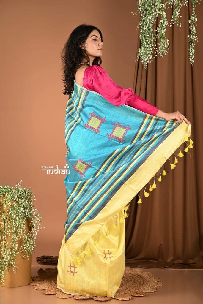Handloom and Charkha Woven Pure Dupion Silk by Govt certified Weavers - Limelight Yellow view 4