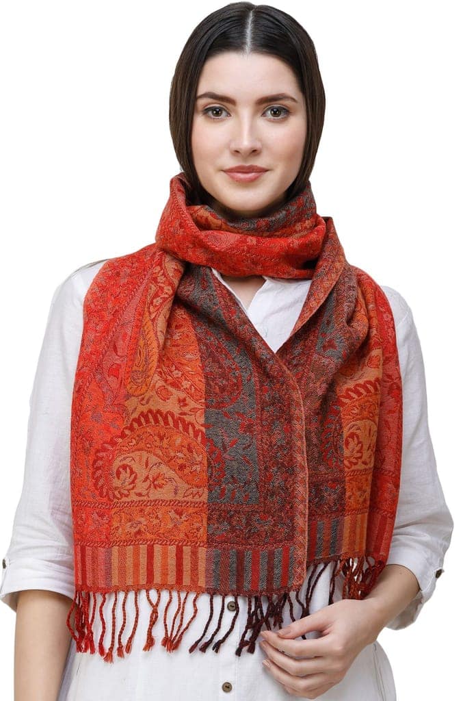 Mars-Red Reversible Jamawar Scarf from Amritsar with Woven Paisleys view 2
