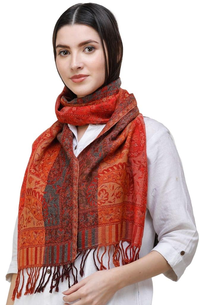 Mars-Red Reversible Jamawar Scarf from Amritsar with Woven Paisleys view 3