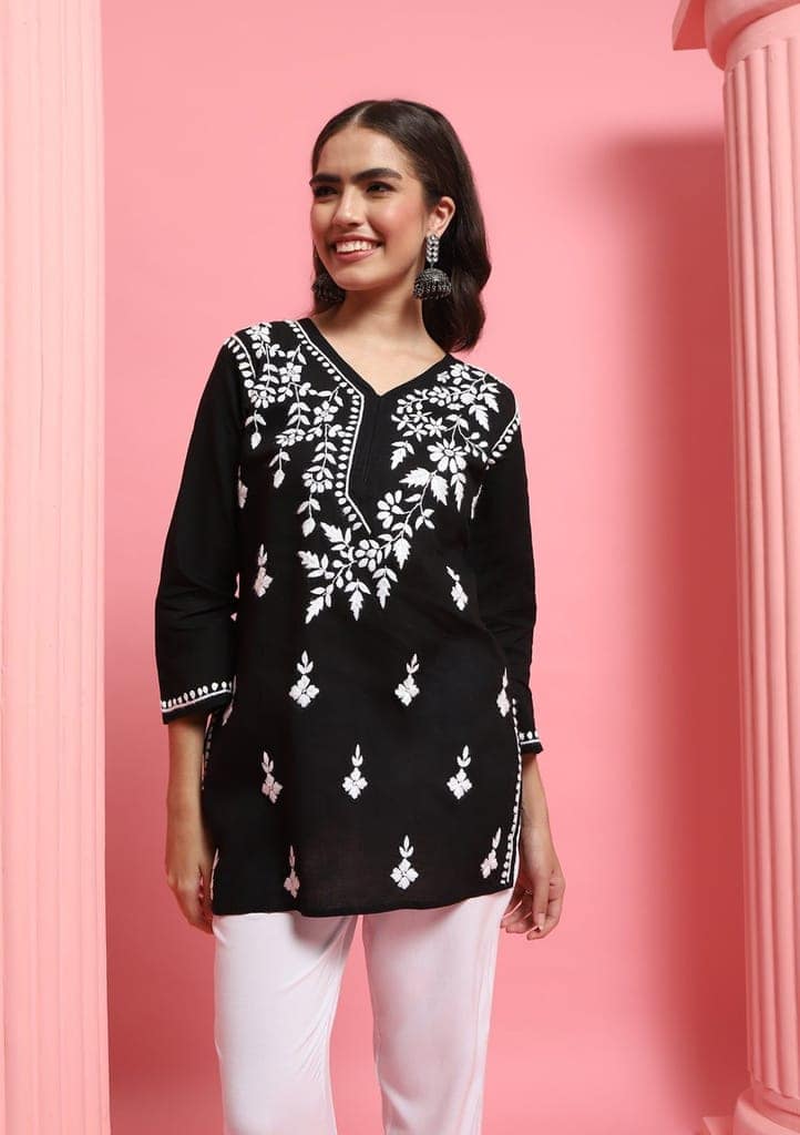 Cotton Chikankari Solid Women's Short Kurta - Black view 2