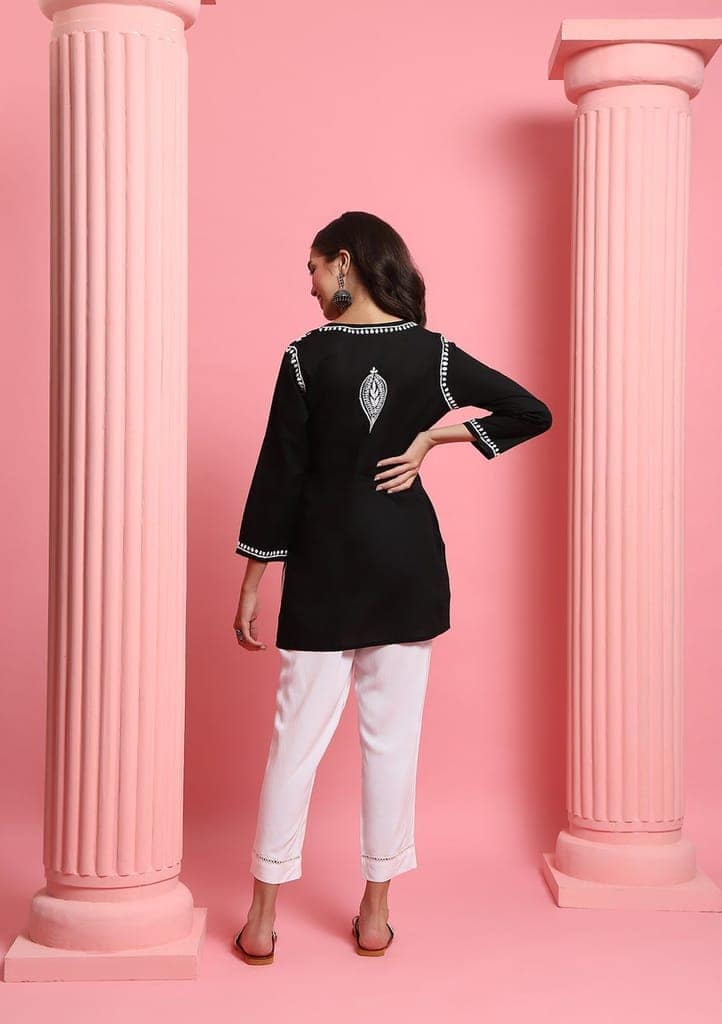 Cotton Chikankari Solid Women's Short Kurta - Black view 8