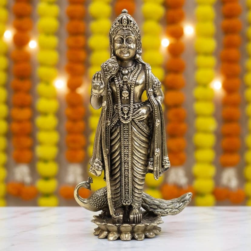 Brass Kartikeya Murugan God Idol � South Indian Brass Temple Statue, Height : 6 Inch (BSMAS1884 D)