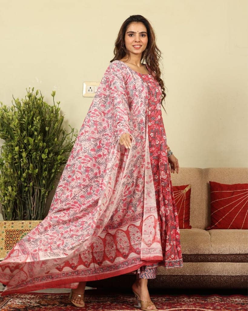 Anarakali Kurti Set Pink Color Bagru Handblock print with Mulmul Dupatta-8097 view 4