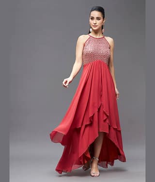 Miss Chase Women Georgette Embellished Asymmetric Dress ( Red )