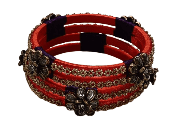 Indian Traditional Silk Thread Bangle Set for Women - Orange and Purple view 2