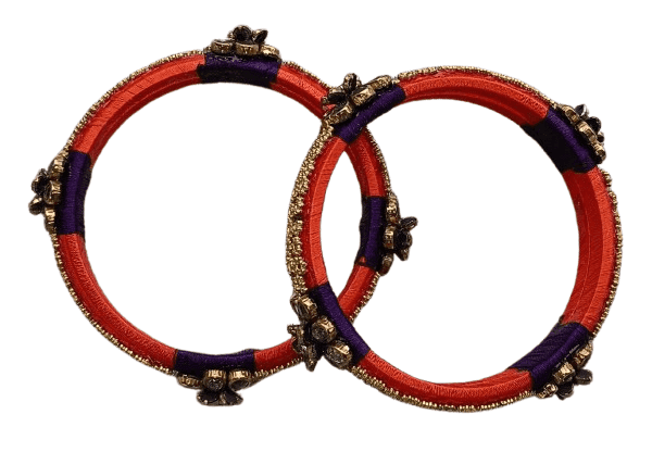 Indian Traditional Silk Thread Bangle Set for Women - Orange and Purple view 3