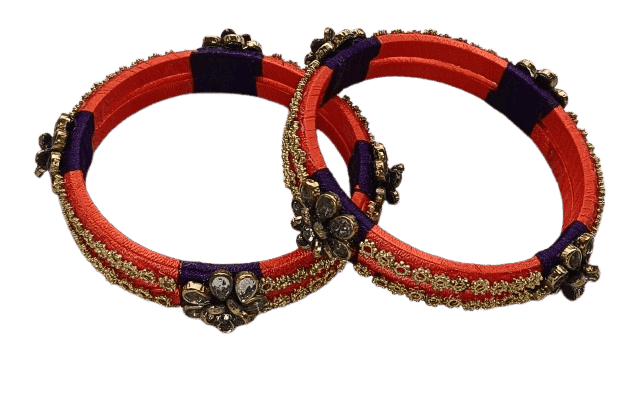Indian Traditional Silk Thread Bangle Set for Women - Orange and Purple view 4