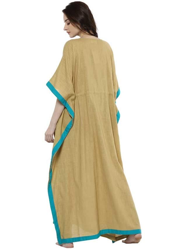 Beige Blue V-Neck Cotton Kaftan view 2