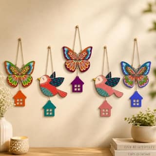Artvibes Multicolored Birds & Butterfly Wooden Wall Hanger for Home Decor | Modern Decoration Items | Handcrafted