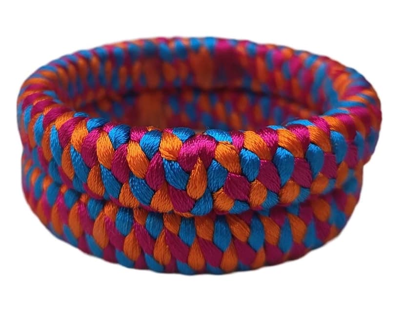 Handmade Braided Fabric Bangle in Blue, Orange and Pink view 3