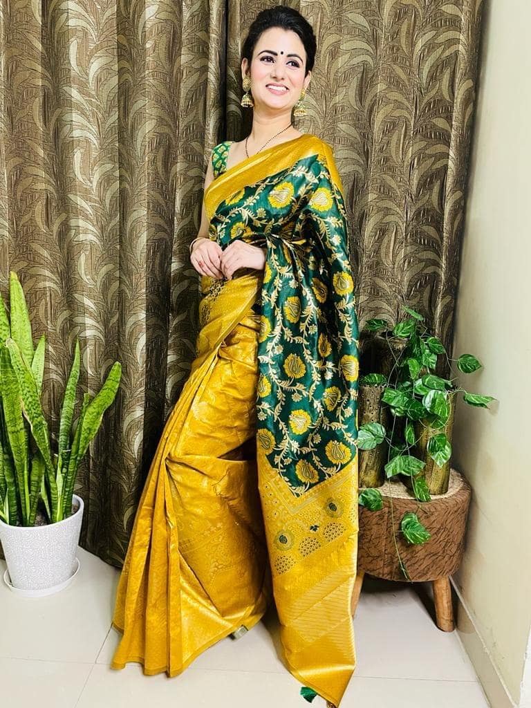 Yellow &amp; Green with Gold Touch Kanjeevaram Silk Woven Saree view 2