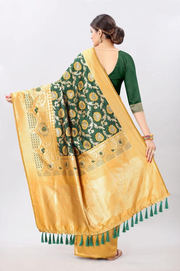 Yellow &amp; Green with Gold Touch Kanjeevaram Silk Woven Saree view 3