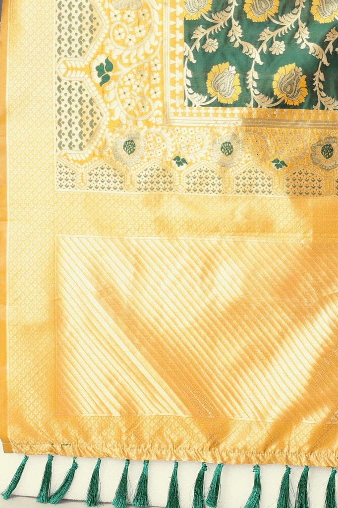 Yellow &amp; Green with Gold Touch Kanjeevaram Silk Woven Saree view 6