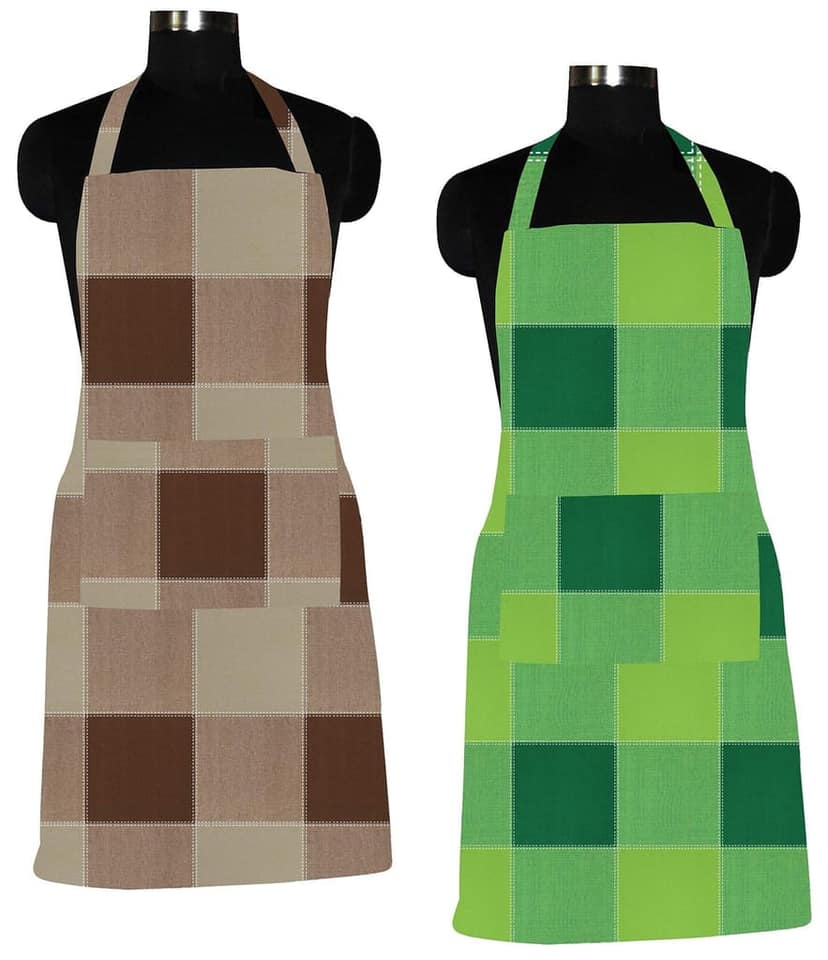 AIRWILL 100% Cotton Premium Quality Checkered Pattern Free Sized Apron (Brown,Green, Pack of 2)