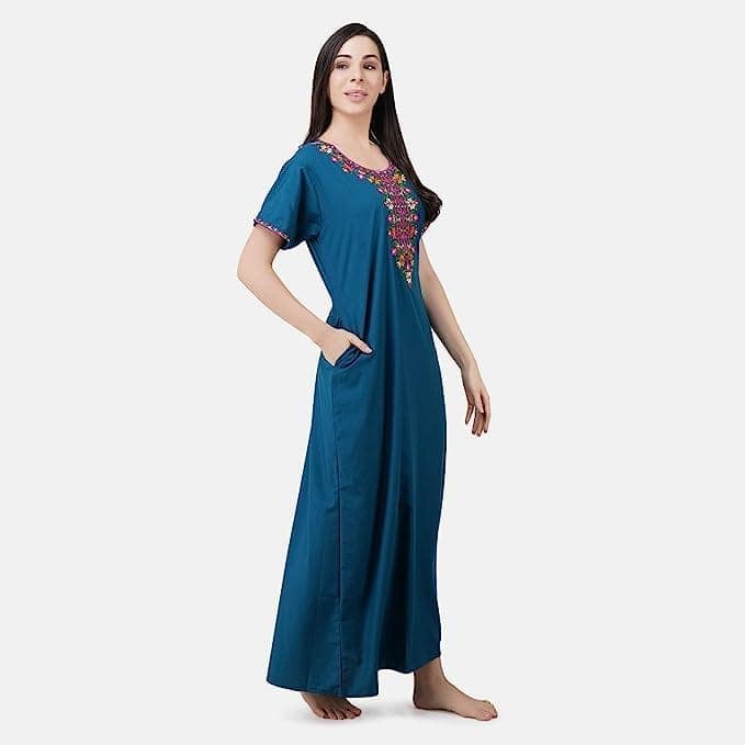 KOI SLEEPWEAR Premium Lissybissy Cotton Resham Embroidery Nighty Night Gown Maxi for Women XXL Plus Size Peacock Blue view 3