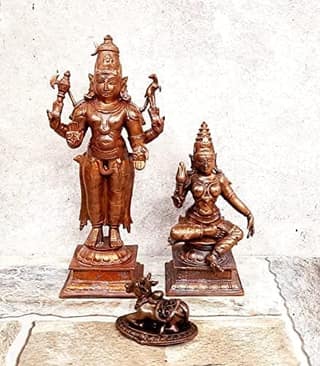 Searchers Paradise - Copper Idols Shiva with Goddess Parvathi with Nandhi,6.3 inches, Copper Handmade 1200 Grams, Patina Antique Finish, Pack of 1 Piece