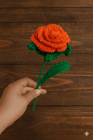 Laxmi Creations Handmade Crochet Rose – Red & Green | 12.5" Decorative Rose | Nylon Thread Flower with Wire Stem