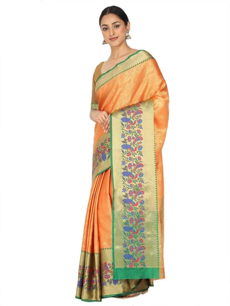 Orange-Gold Toned Woven Design Saree view 3
