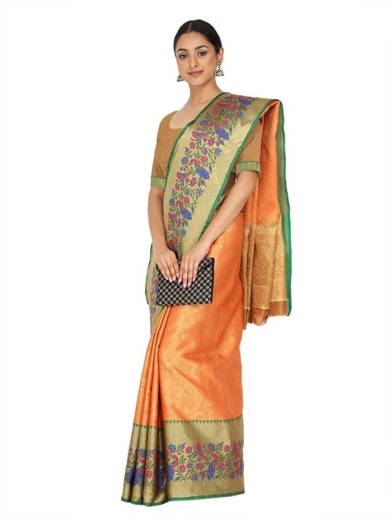 Orange-Gold Toned Woven Design Saree view 4