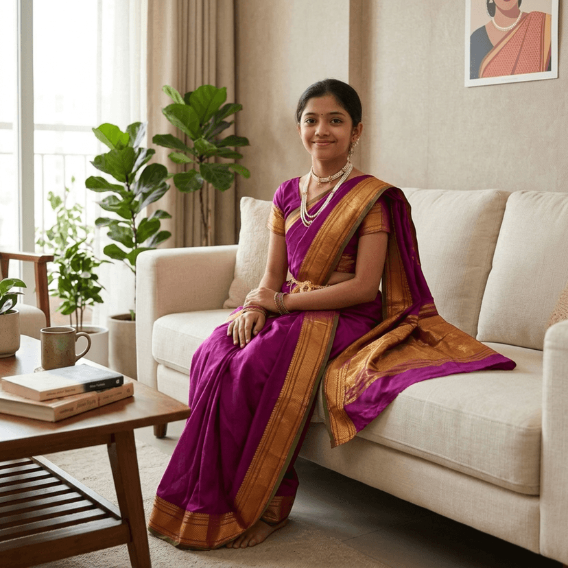 Mom and Me Peshwai Nauwari Saree for Kids (1–10 Years) Ready to Wear Maharashtrian Traditional Dress | Belgaon Silk with Cotton Lining | Stitched Blouse Included (Purple, 13-14 Years) view 3