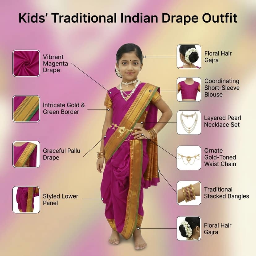 Mom and Me Peshwai Nauwari Saree for Kids (1–10 Years) Ready to Wear Maharashtrian Traditional Dress | Belgaon Silk with Cotton Lining | Stitched Blouse Included (Purple, 13-14 Years) view 4
