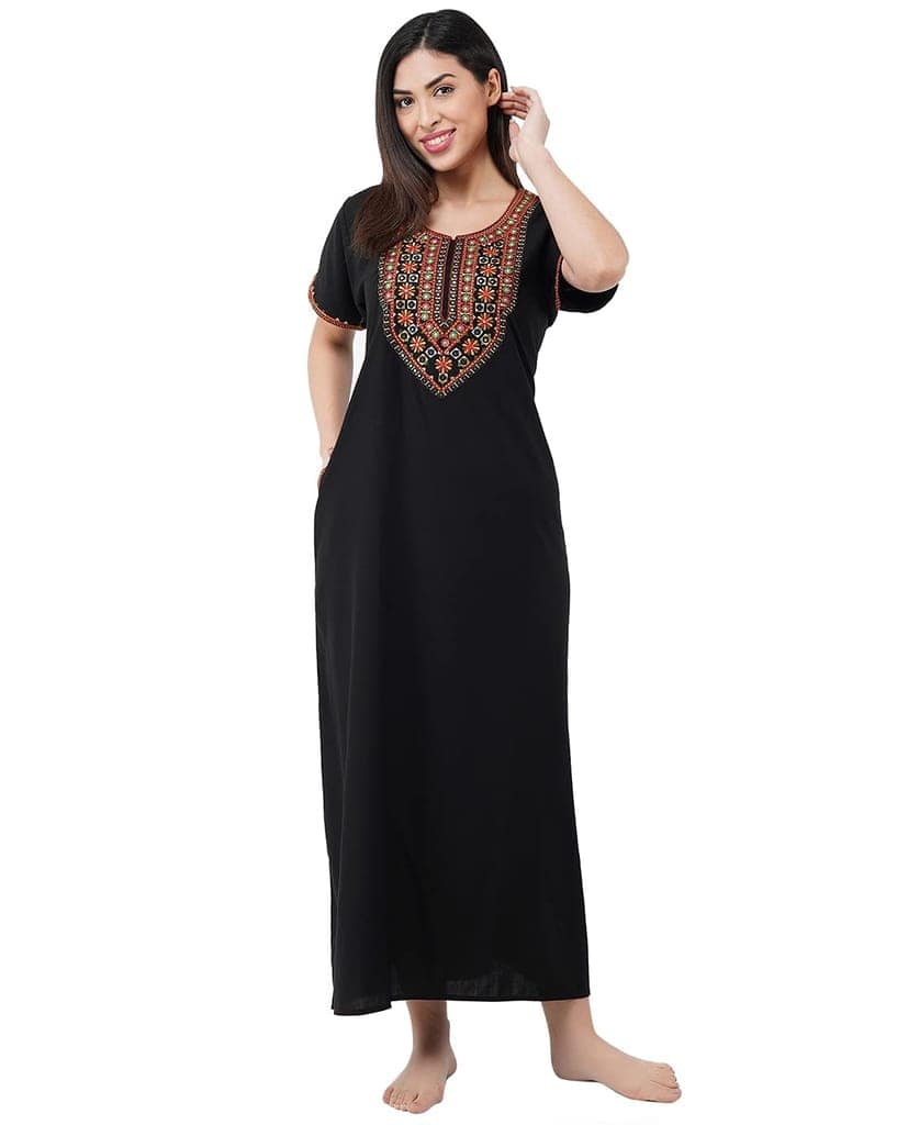 KOI SLEEPWEAR Premium Women Embroidery Night Gown Lizzybizzy with Mirror Work Cotton Nighty Maxi (X-Large, Black)�